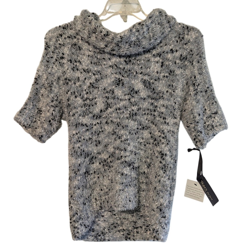 Skyes the Limit St Moritz Cowl Neck Metallic Eyelash Knit Sweater Gray Black M